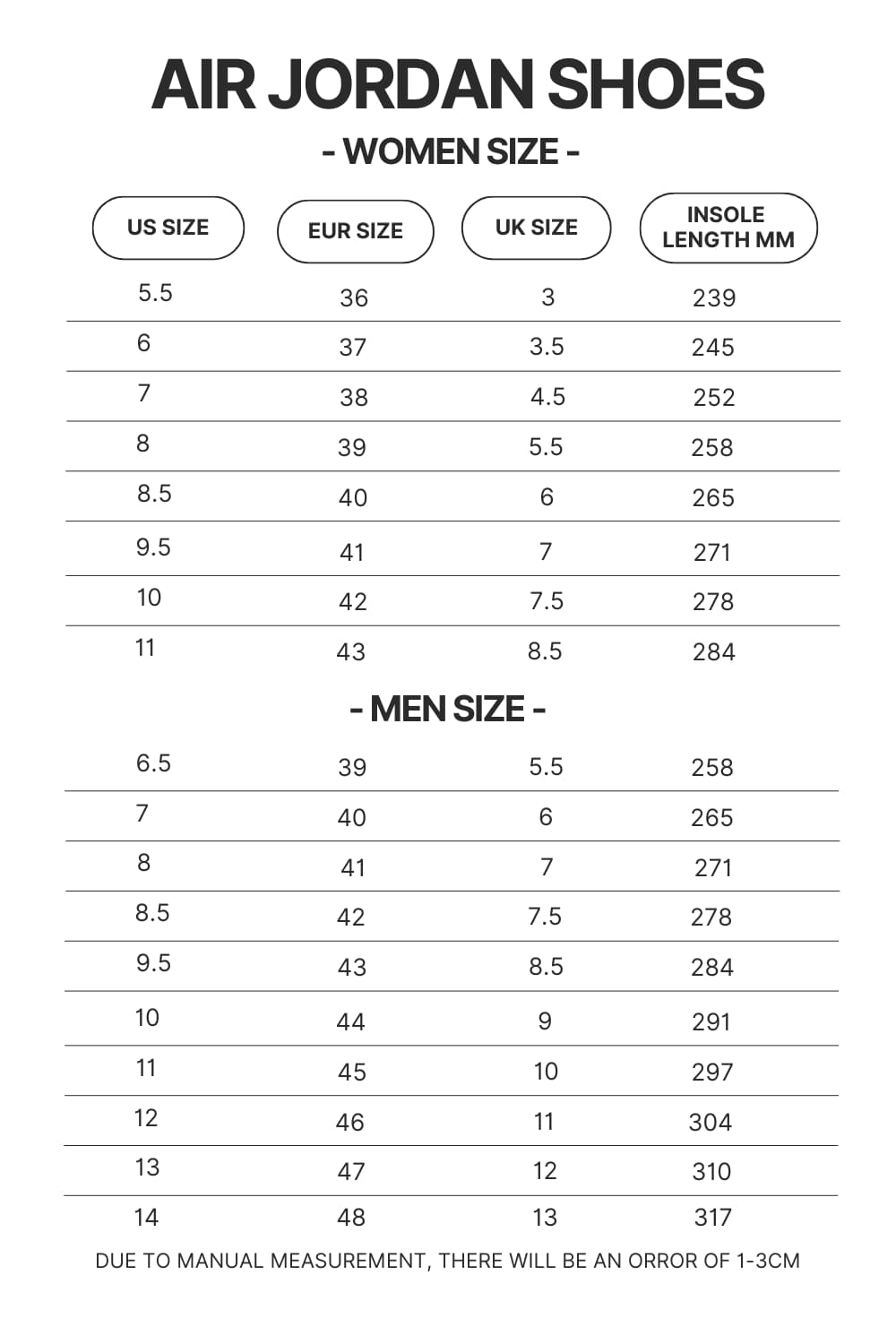 Air Jordan Shoes Size Chart - Dragon Ball EU Store